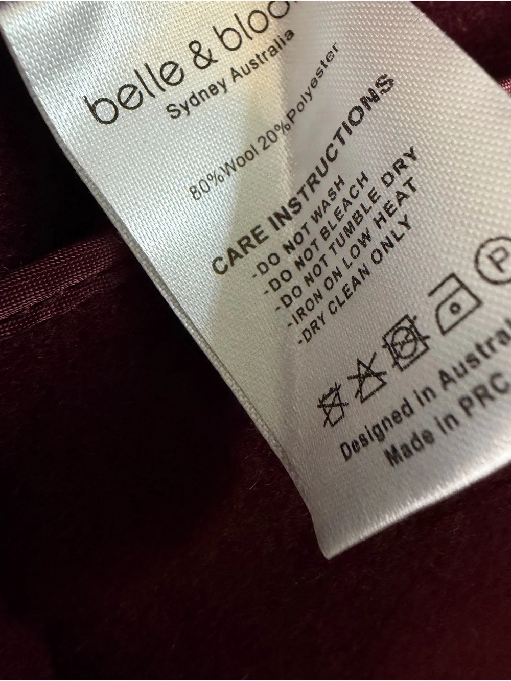 Belle & Bloom I'm Yours Wool Blend Peacoat Burgundy Small